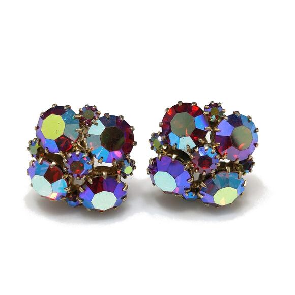 Vintage 1960s Red Aurora Borealis Rhinestone Clip Earrings, Gold Plated - Picture 9 of 10